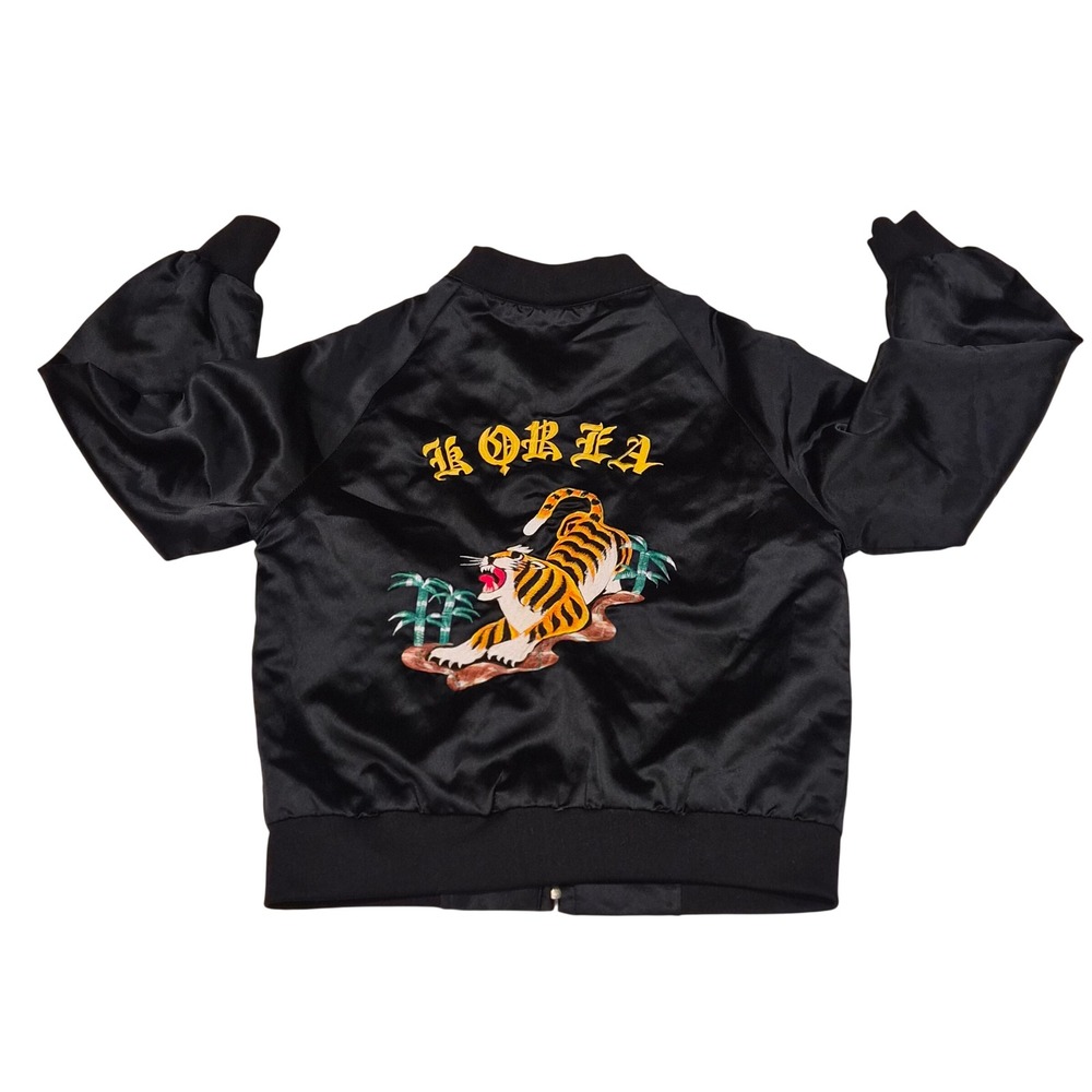 Vintage 80s Korea Souvenir Jacket Black Satin Tiger Embroidered Bomber Small